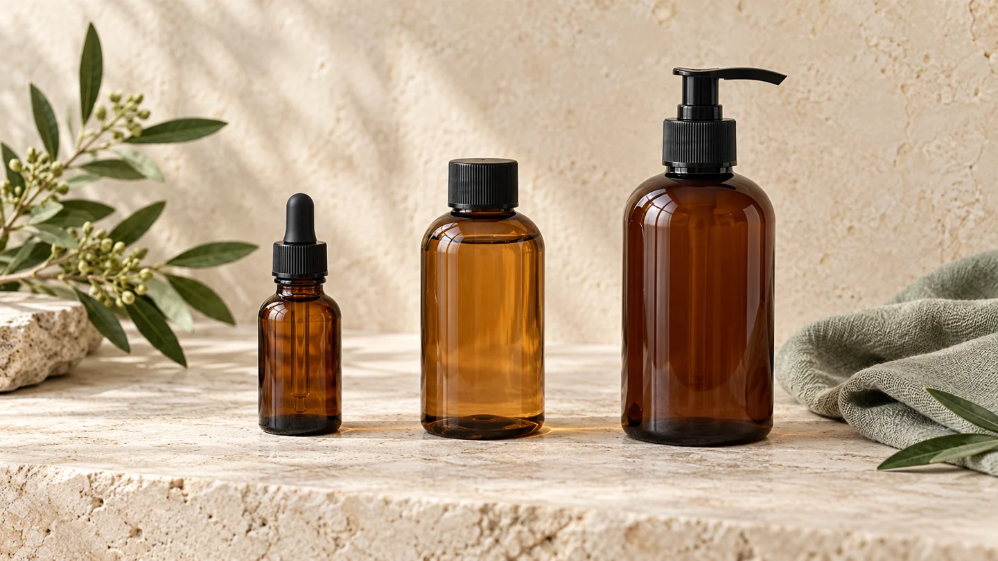 Three unlabelled amber containers with dropper, screw and pump closures beside green foliage and sage linen.