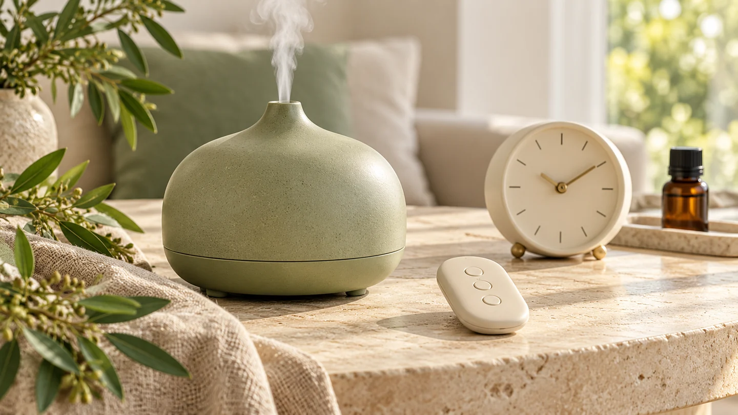 A sage ceramic diffuser beside a plain remote, cream clock and capped amber bottle on pale stone.