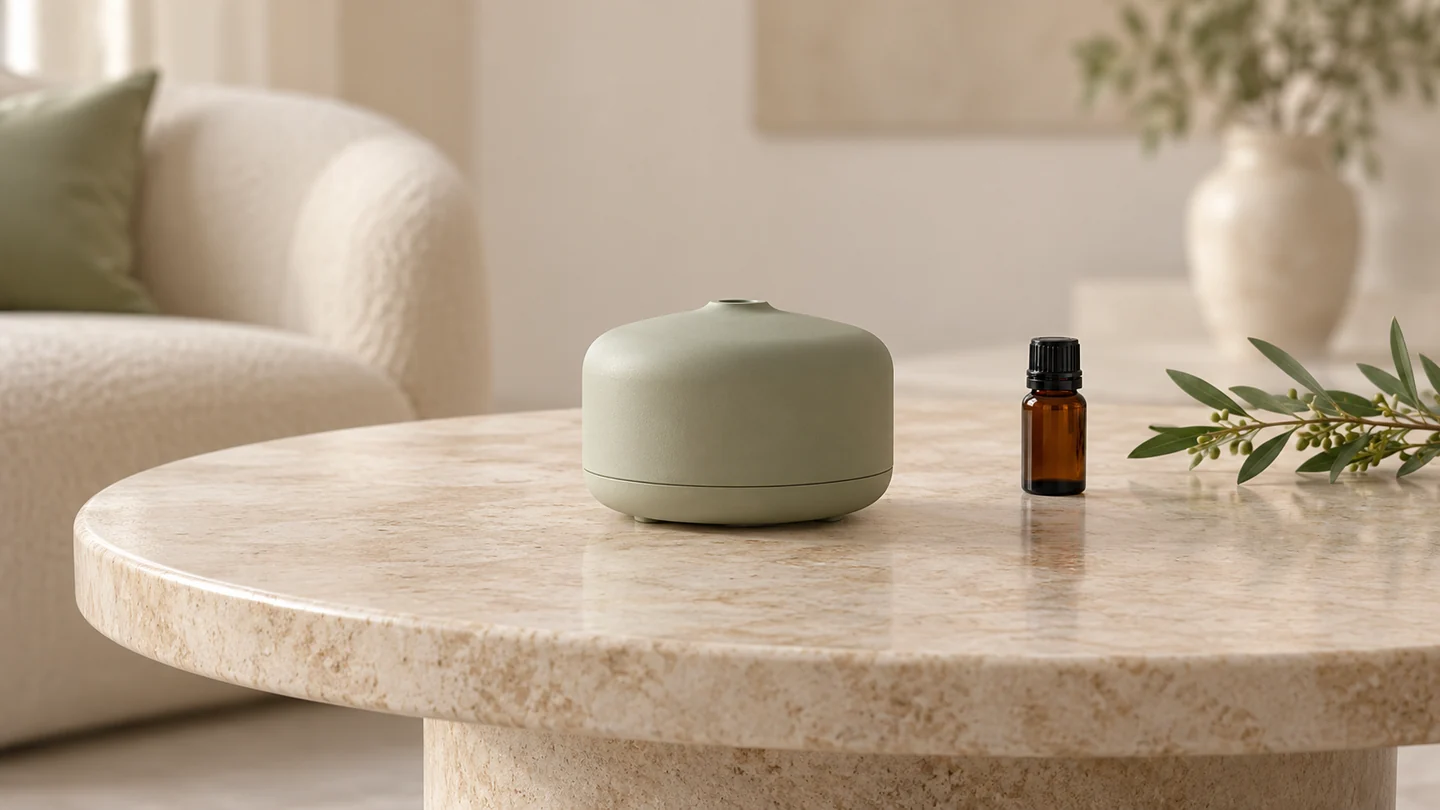 A closed sage diffuser on a clear ivory stone table beside a capped amber bottle and green botanical branch.