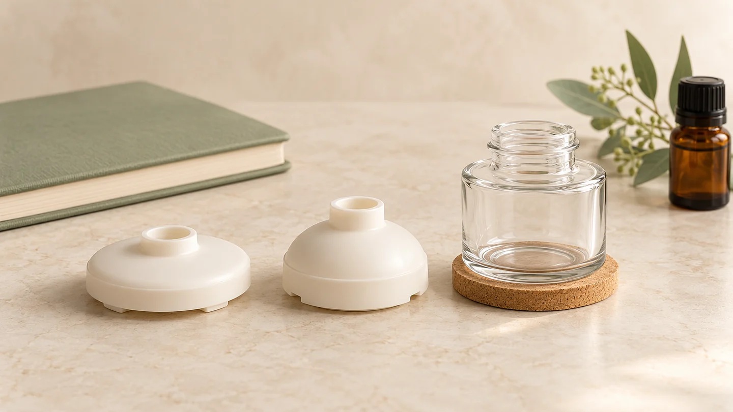 Two separate ivory lids and an empty clear glass vessel on cork beside a sage notebook, capped amber bottle and green sprig.