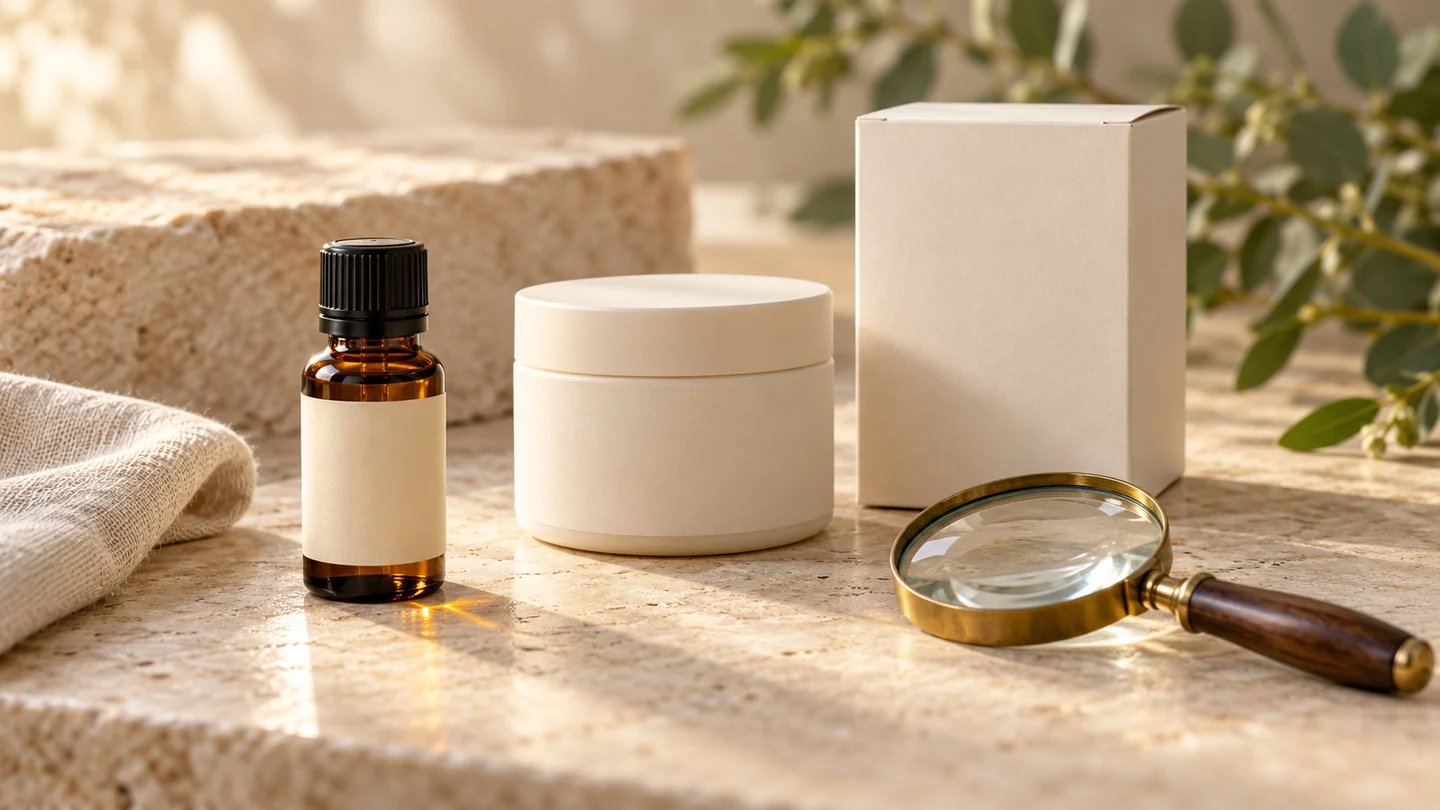 A capped amber bottle, closed ivory jar and blank carton beside a magnifying glass on pale stone.