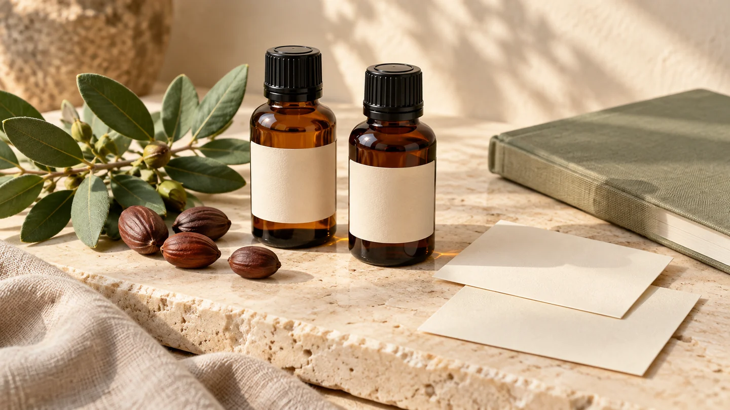 Two capped amber bottles with blank labels beside cream cards, a sage notebook and green leaves on pale stone.