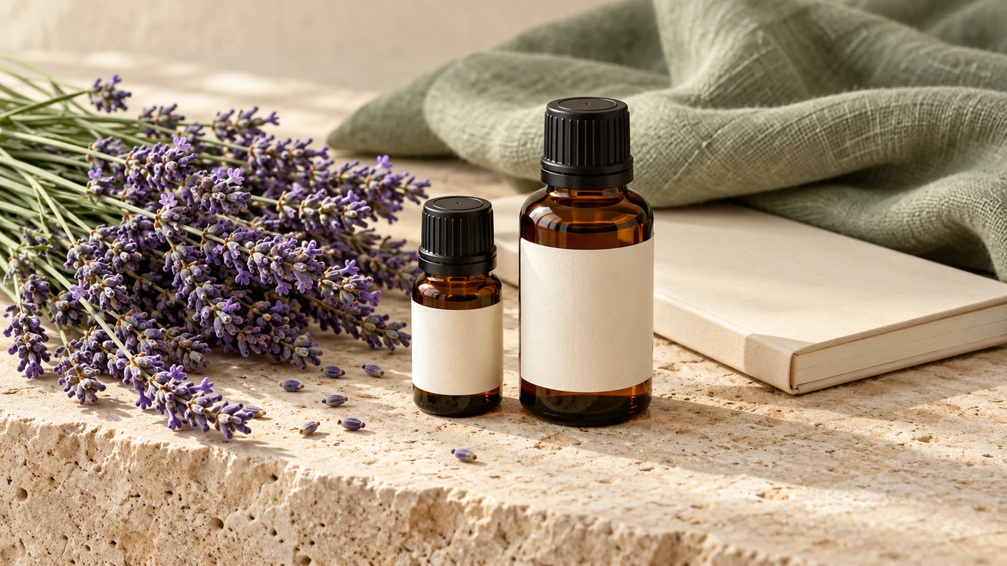 Two capped amber bottles of different sizes with blank ivory labels beside lavender, a notebook and sage linen.