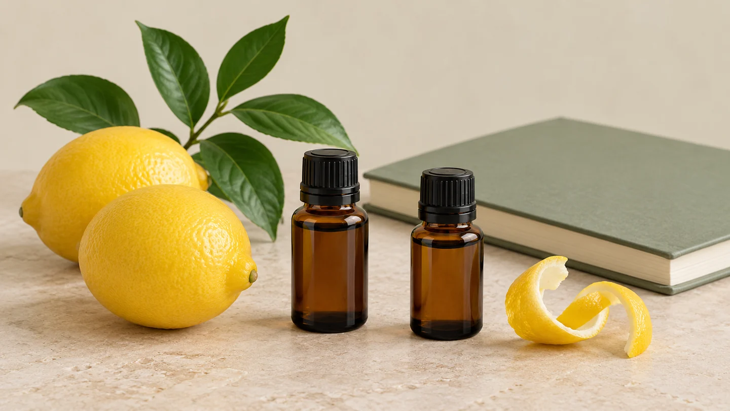 Two capped amber bottles beside whole lemons, curled lemon peel, green foliage and a closed sage notebook.