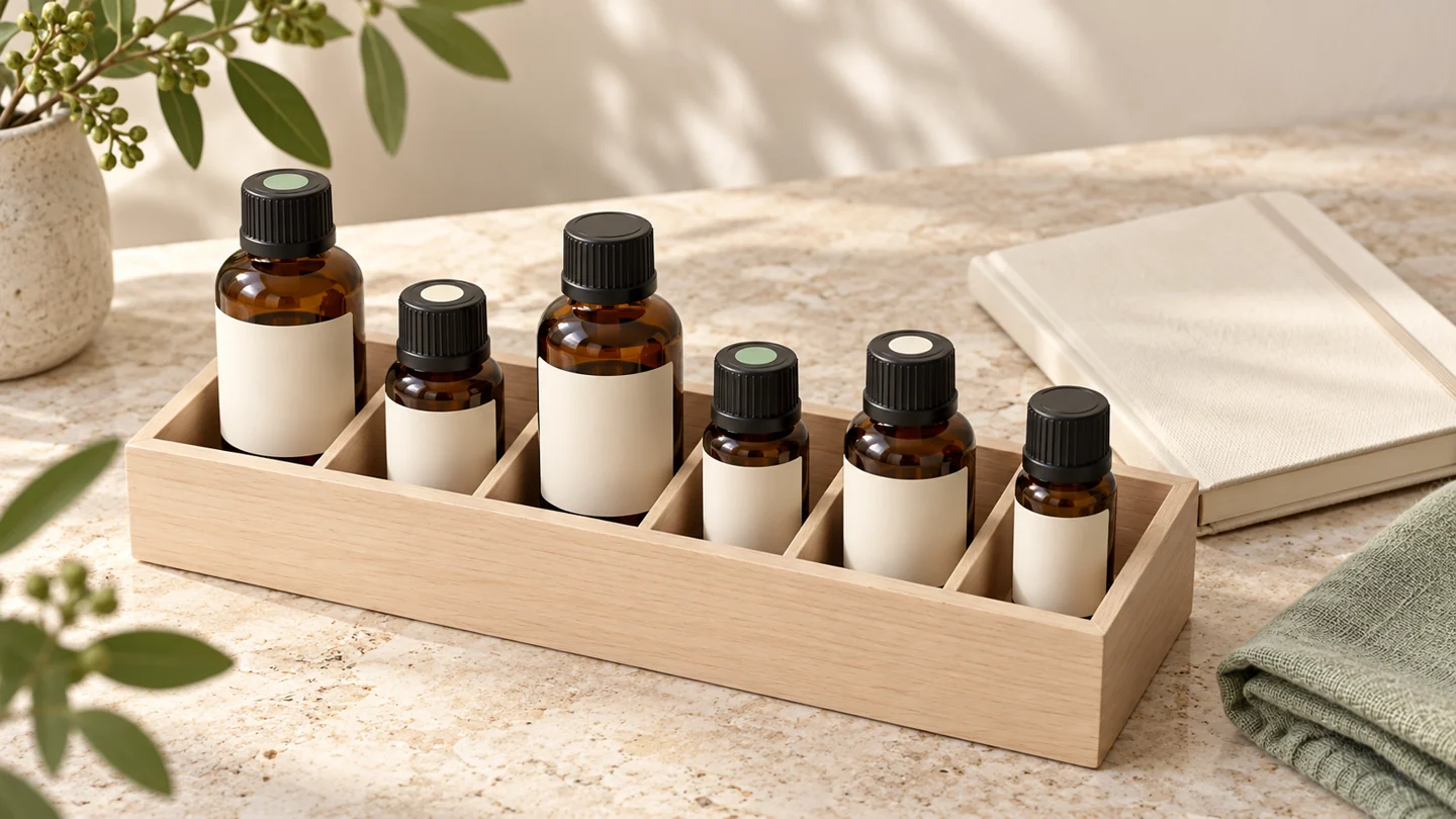 Six capped amber bottles with plain ivory labels and coloured cap dots in a divided wooden organiser beside a notebook.