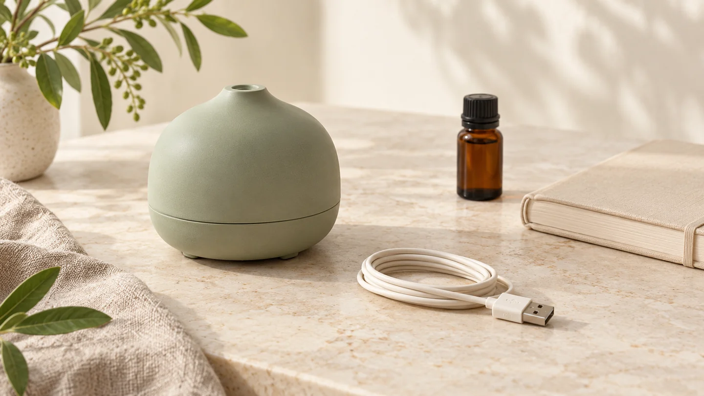 A sage ceramic diffuser beside a coiled ivory cable, closed notebook and capped amber bottle on pale stone.