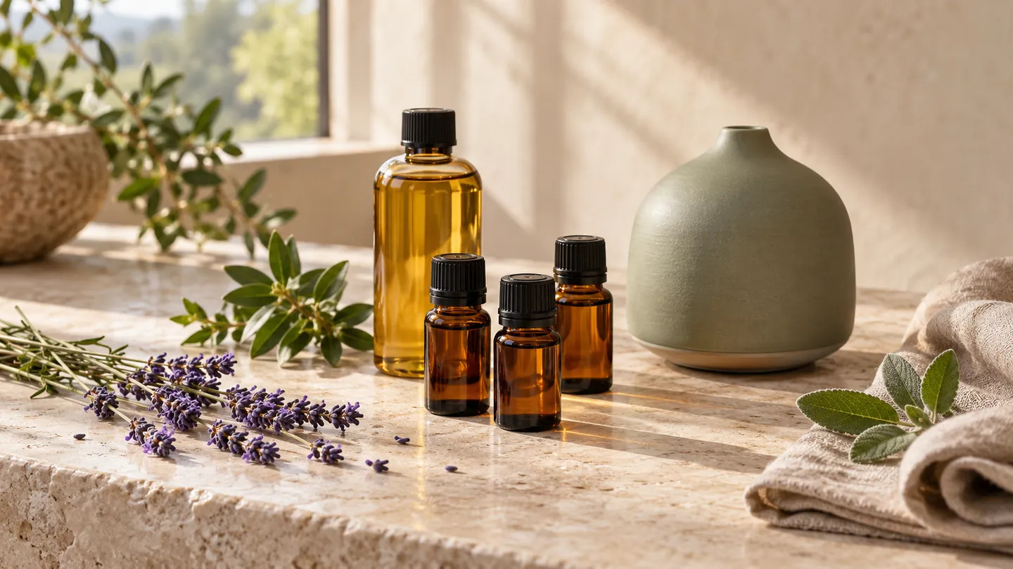 Amber oil bottles, lavender sprigs and a sage ceramic diffuser on a sunlit stone surface.