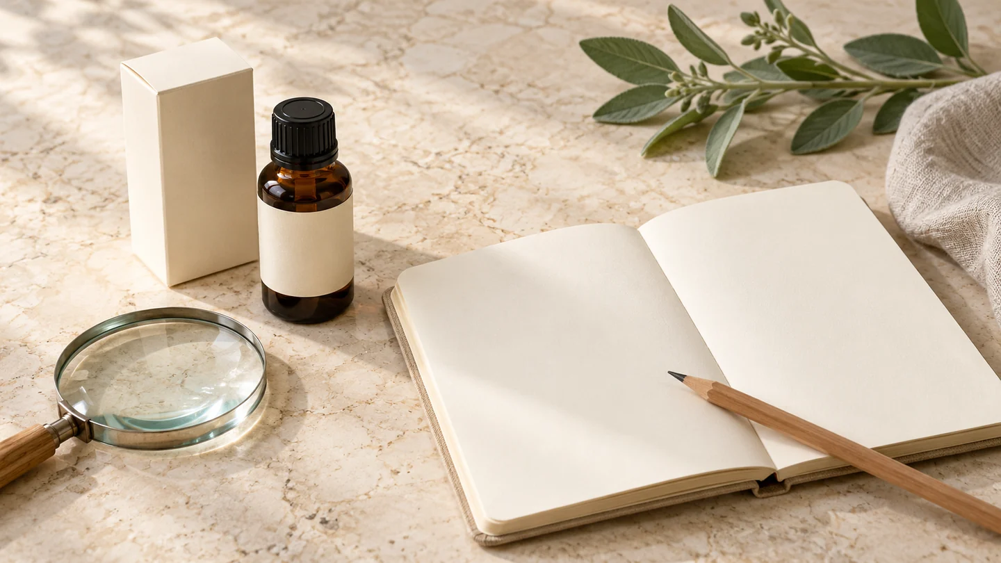 A capped amber bottle and plain carton beside a blank notebook, pencil and magnifying glass on pale stone.