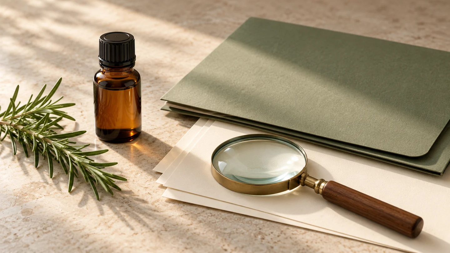 A capped amber bottle beside a sage folder, blank papers, a magnifying glass and a rosemary sprig.