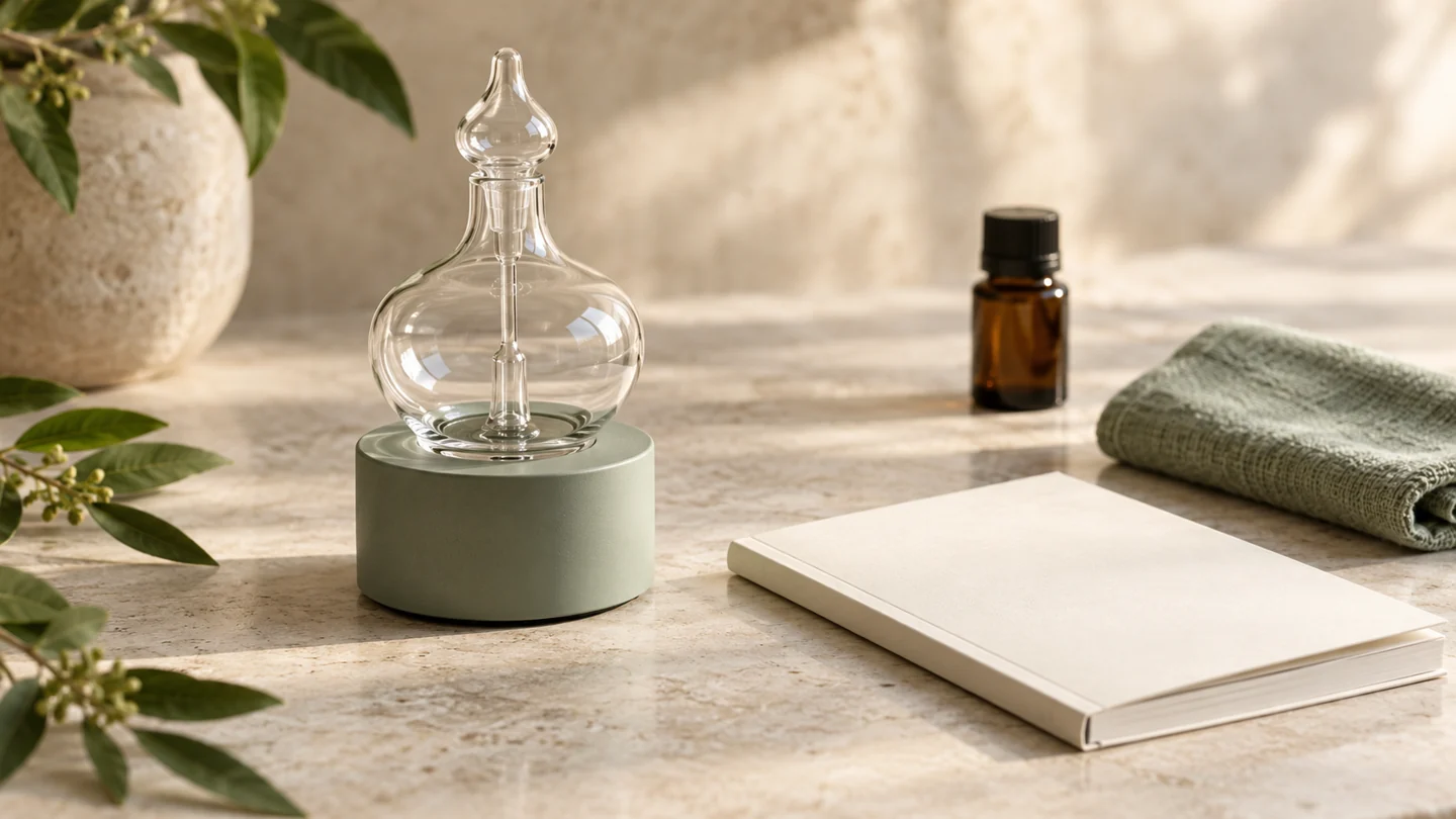 A capped glass diffuser reservoir on a sage base beside an ivory booklet, folded cloth and capped amber bottle.